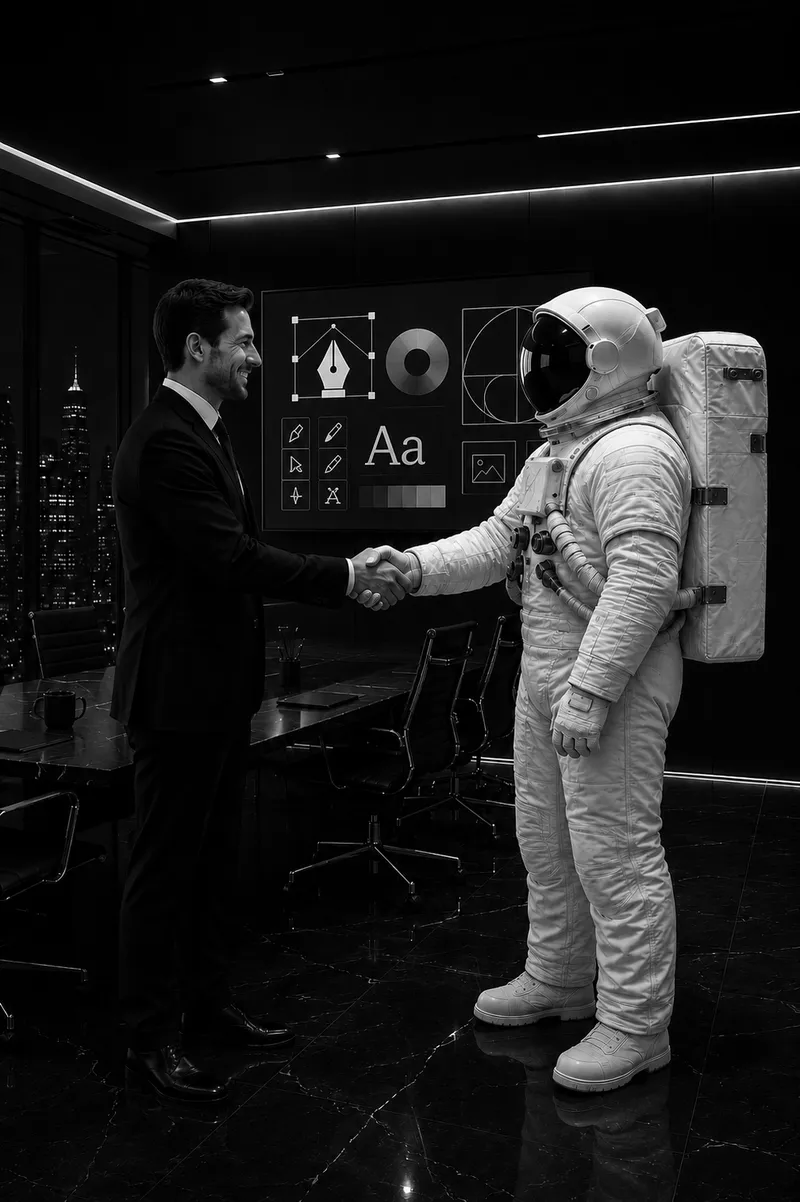 Designer shaking hands with an astronaut